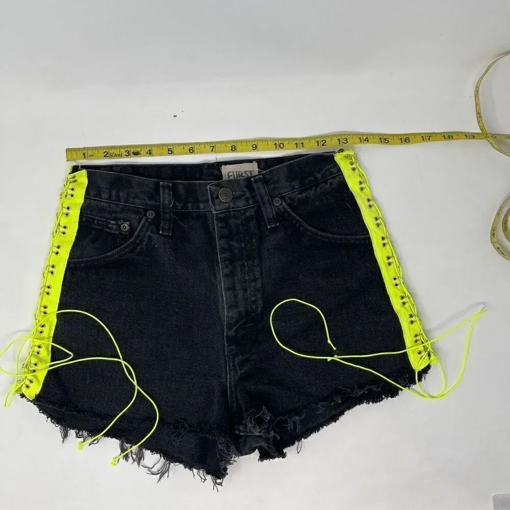 Furst of a Kind Black Neon Yellow Elastic Side Ties High Waist Denim Shorts 26